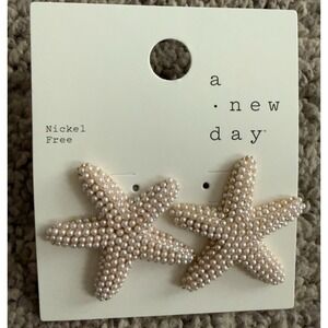 A New Day Earrings Gold Tone Starfish Tiny White Faux Pearls Post Nickel Free